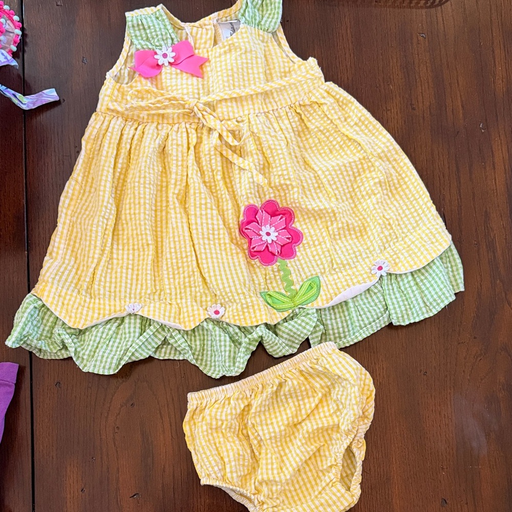 Rare Editions Girls Yellow Seersucker Dress with Pink Flower Accent